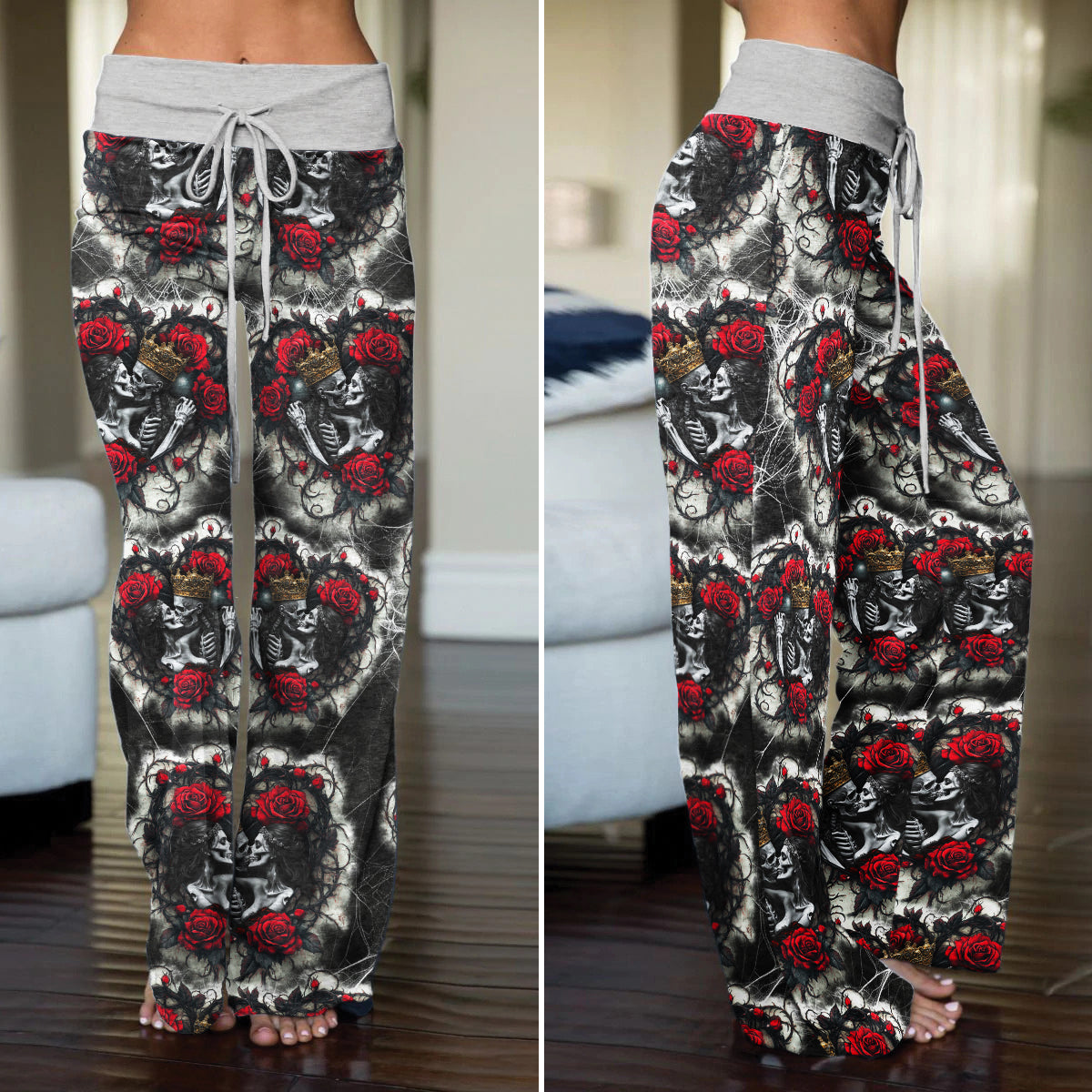 Couple Skeleton Gothic Pattern Women's High-waisted Wide Leg Pants