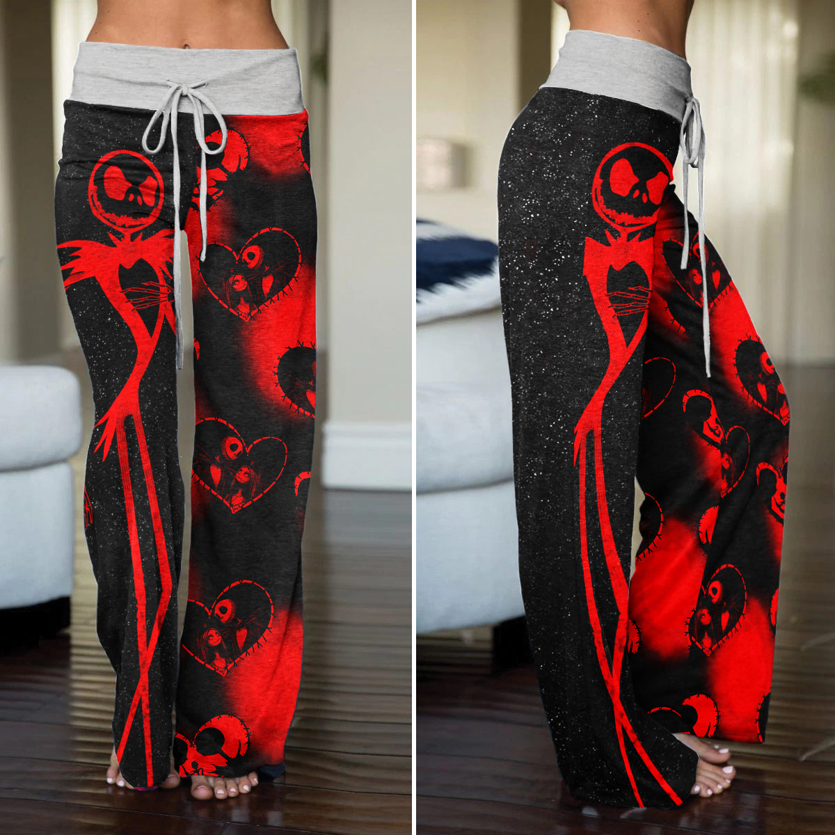 Red Skeleton Couple Art Women's High-waisted Wide Leg Pants