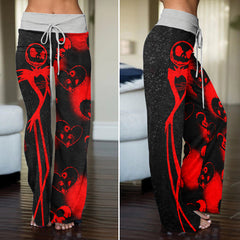 Red Skeleton Couple Art Women's High-waisted Wide Leg Pants