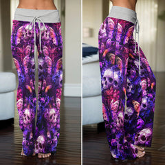 Purple Skull Butterfly Pattern Women's High-waisted Wide Leg Pants