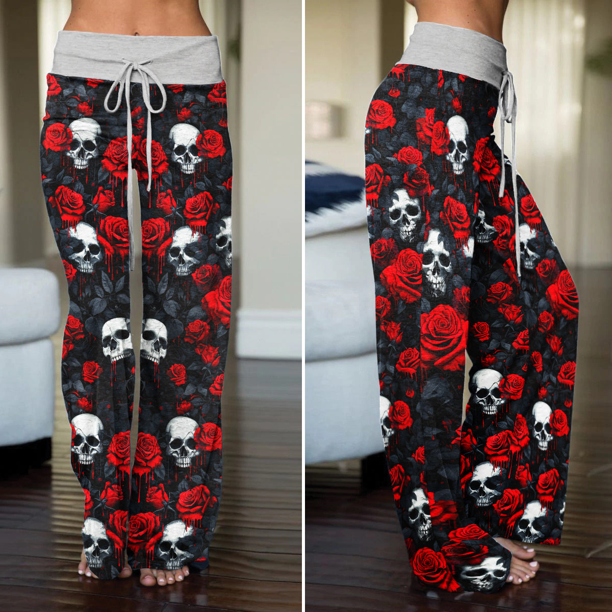 Skull Thorns Rose Pattern Women's High-waisted Wide Leg Pants
