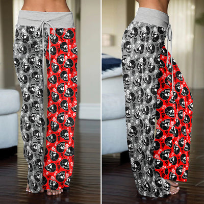 Red Retro Skull Bloom Women's High-waisted Wide Leg Pants