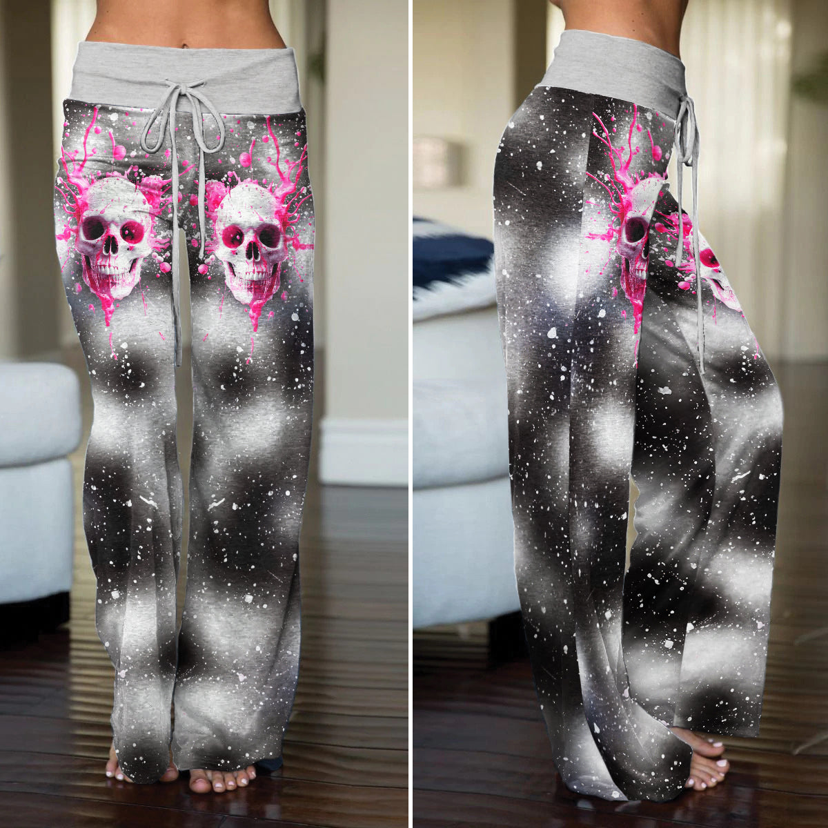 Pink Skull Art Women's High-waisted Wide Leg Pants