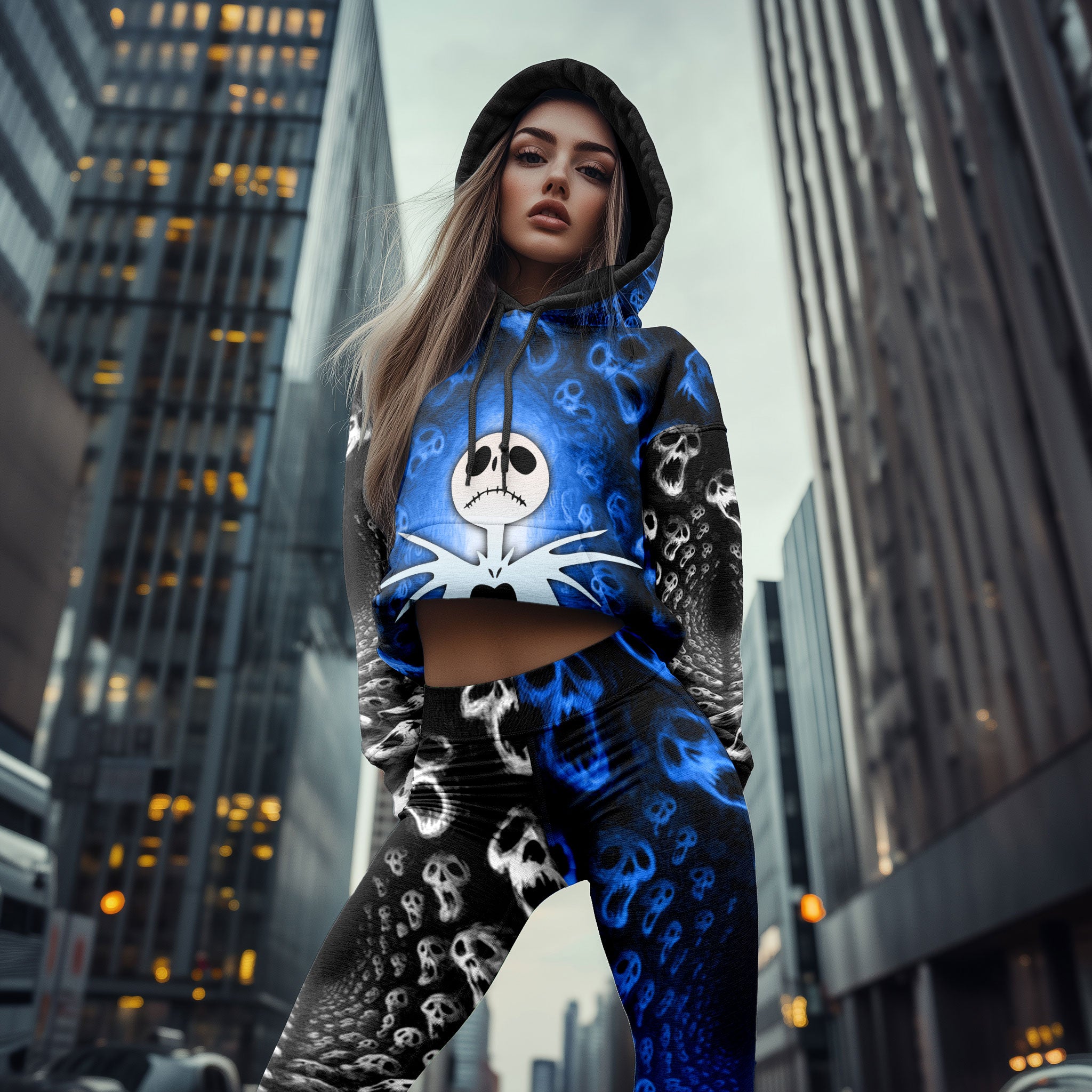 Women Hoodie and Leggings, Blue Haunted Skeleton Outwear Pants Outfit