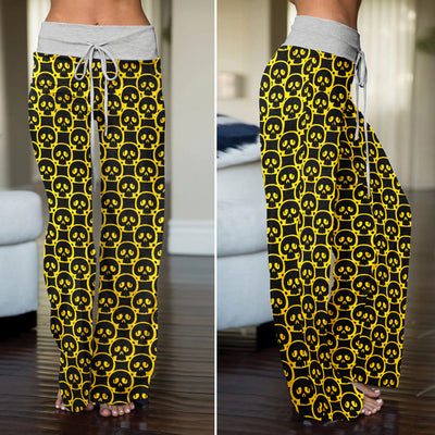 Bold Skull Yellow Pattern Women's High-waisted Wide Leg Pants