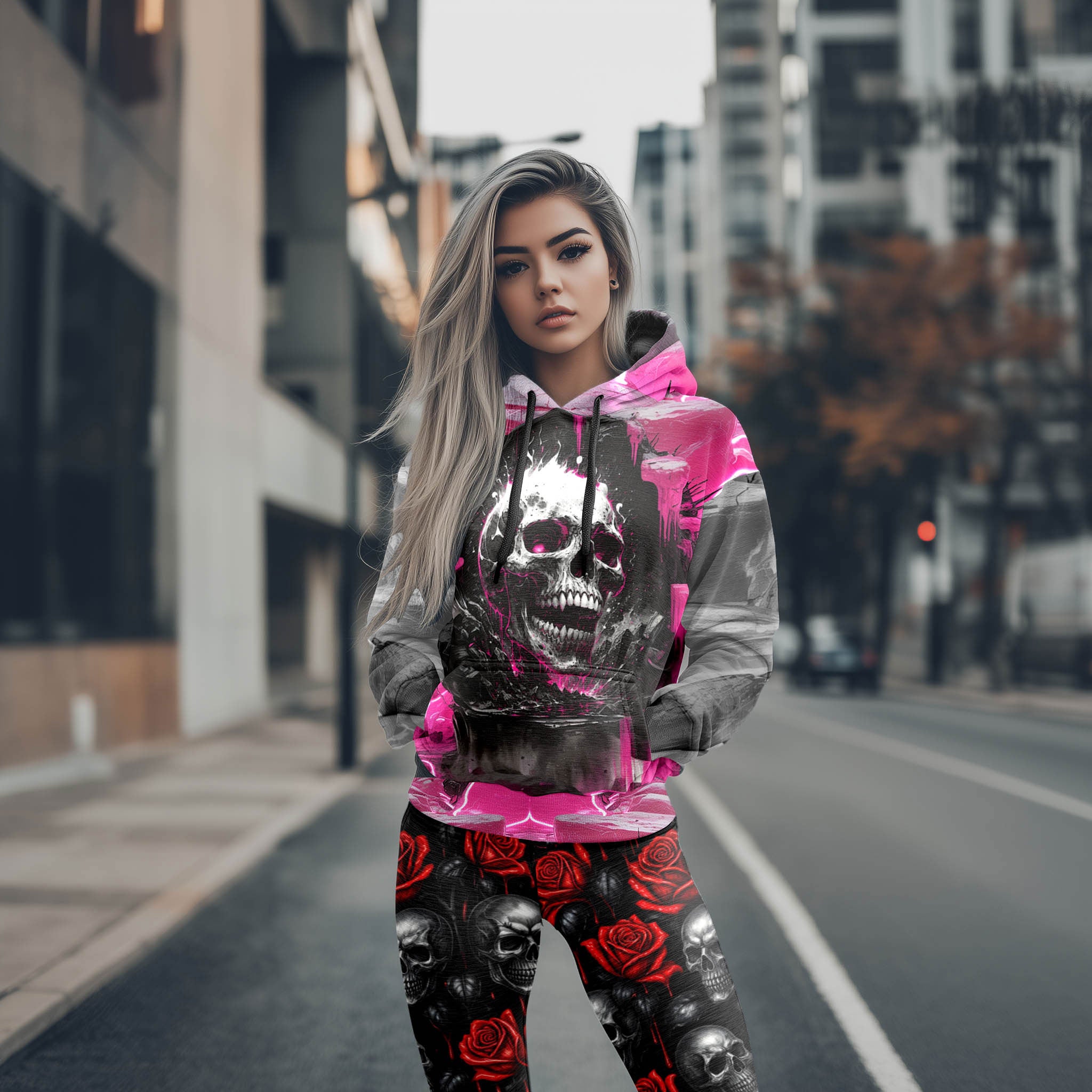 Women Hoodie and Leggings, Neon Rose Reaper Outwear Pants Outfit