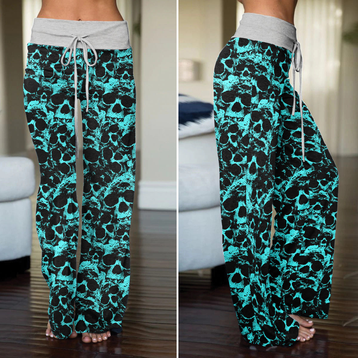 Cyan Skull Pattern Women's High-waisted Wide Leg Pants