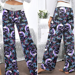 Violet Grunge Floral Skull Women's High-waisted Wide Leg Pants