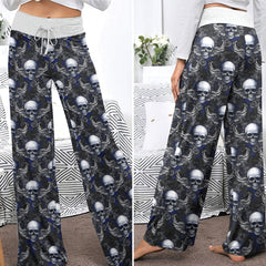 Gothic Winged Skull Damask Women's High-waisted Wide Leg Pants