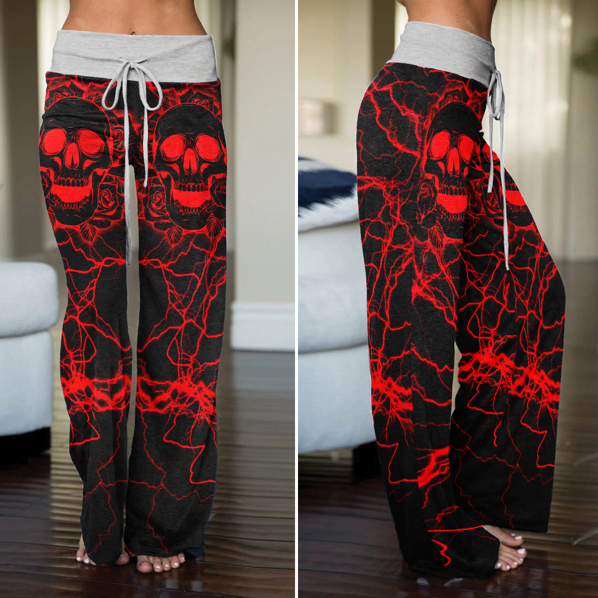 Red Hellfire Skull Requiem Women's High-waisted Wide Leg Pants