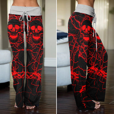 Red Hellfire Skull Requiem Women's High-waisted Wide Leg Pants