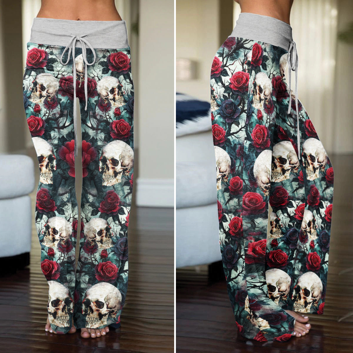 Rose Skull Pattern Thorns Women's High-waisted Wide Leg Pants
