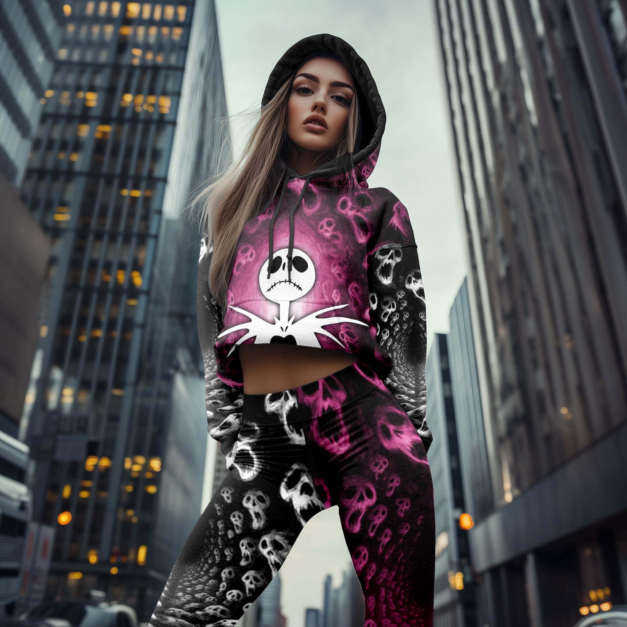Women Hoodie and Leggings,Pink Haunted Skeleton Outwear Pants Outfit