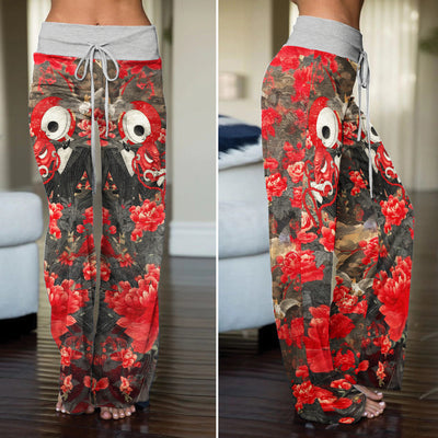 Red Masked Skeleton Amidst Women's High-waisted Wide Leg Pants