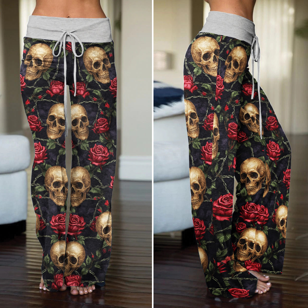 Gothic Skull Rose Art Women's High-waisted Wide Leg Pants