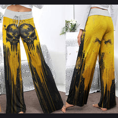 Yellow Abstract Scary Skull Women's High-waisted Wide Leg Pants | Wonder Skull