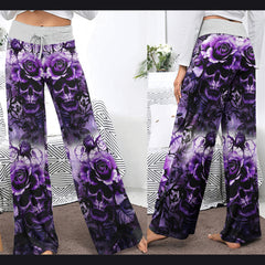 Purple Skull Rose Floral Women's High-waisted Wide Leg Pants | Wonder Skull