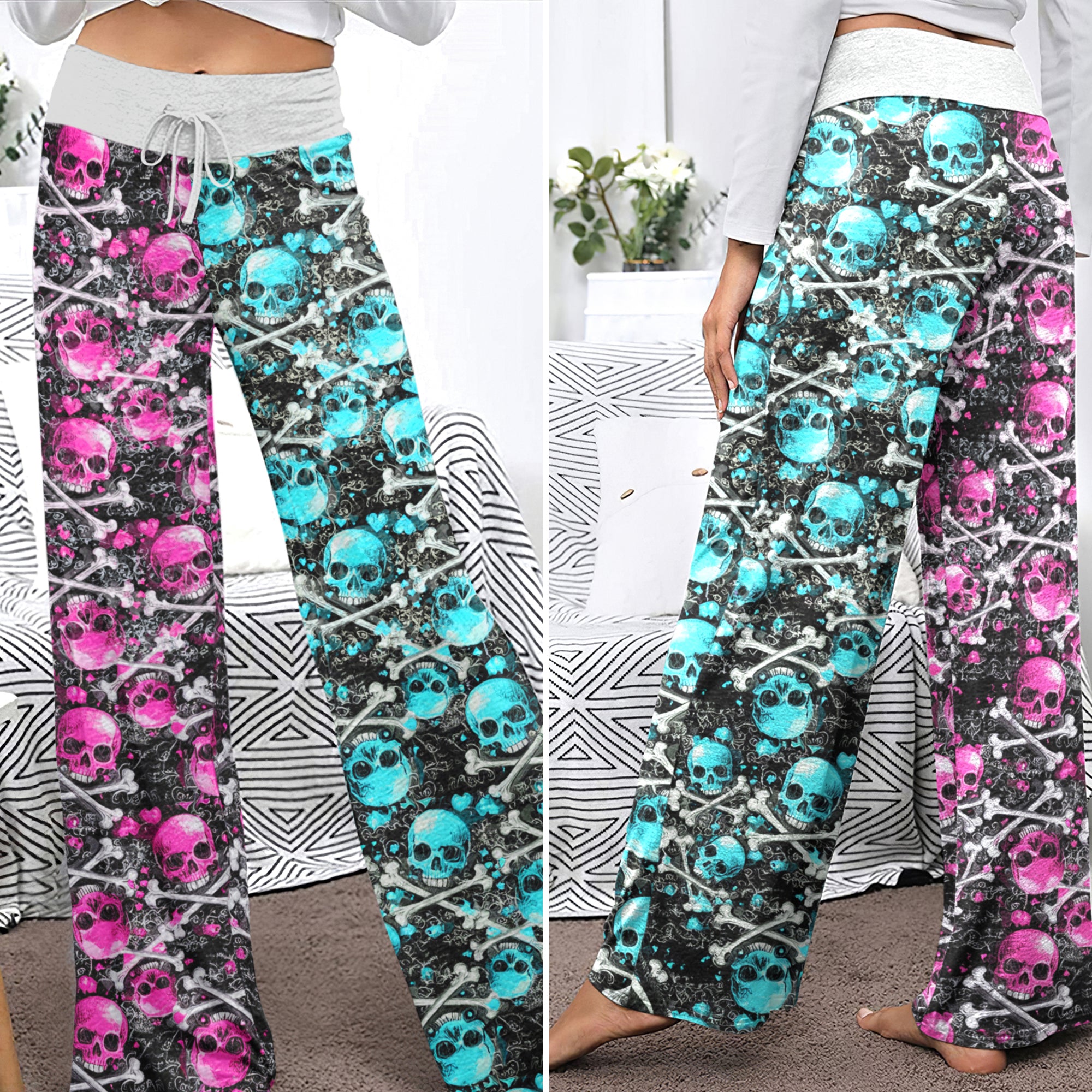 Neon Grunge Skull Love Women's High-waisted Wide Leg Pants