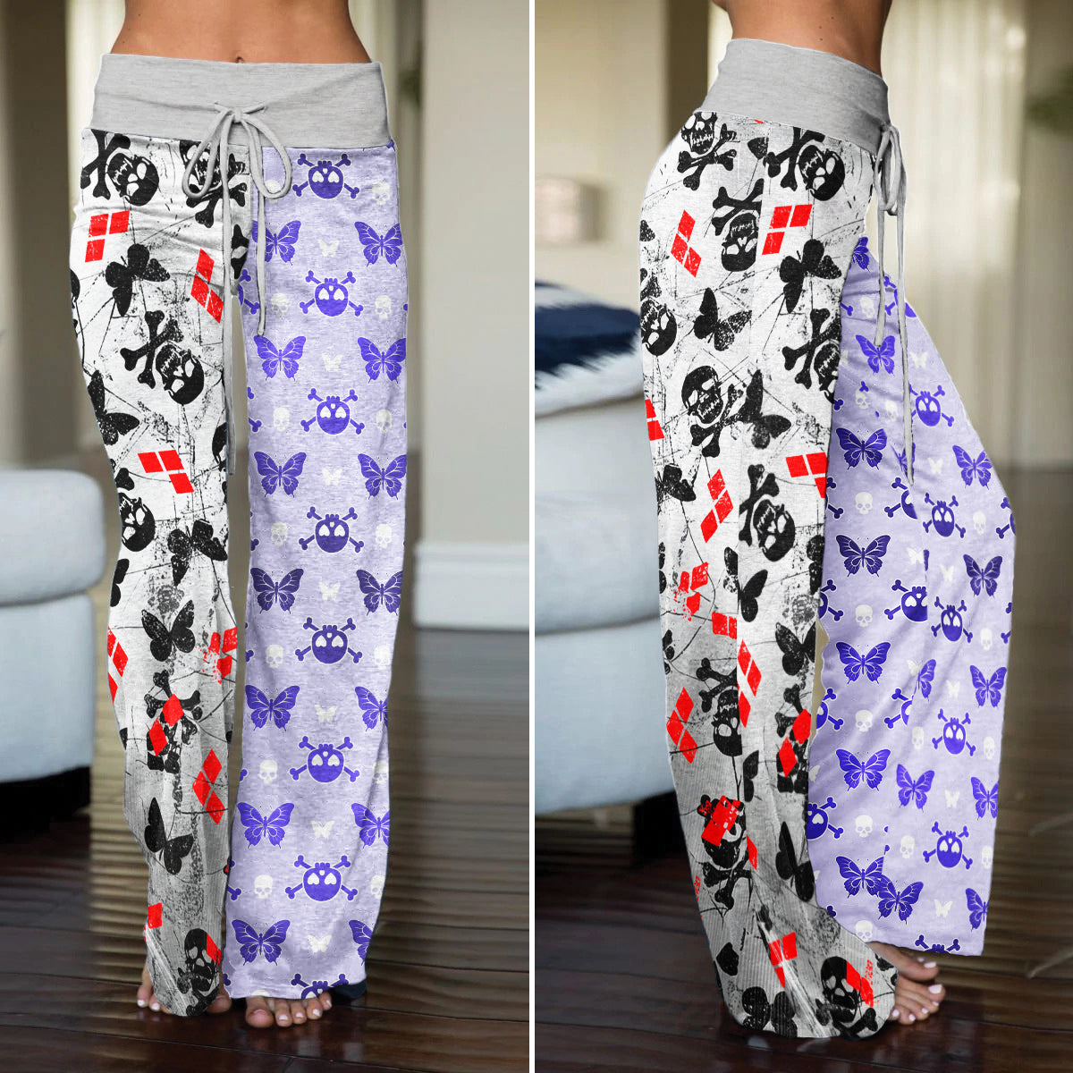 Pastel Skull Butterfly Diamond Women's High-waisted Wide Leg Pants