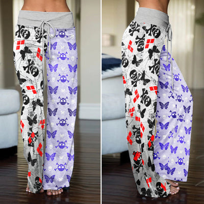 Pastel Skull Butterfly Diamond Women's High-waisted Wide Leg Pants