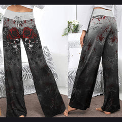 Black Skull Rose Gothic Women's High-waisted Wide Leg Pants | Wonder Skull