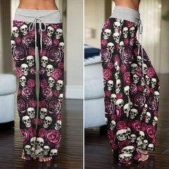 Pastel Gothic Bloom Skull Women's High-waisted Wide Leg Pants