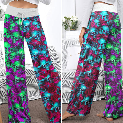 Gradient Skull Flower Dream Women's High-waisted Wide Leg Pants
