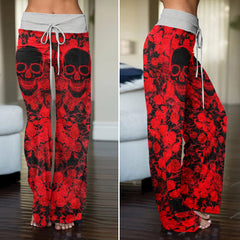 Red Neon Skull Rose Women's High-waisted Wide Leg Pants