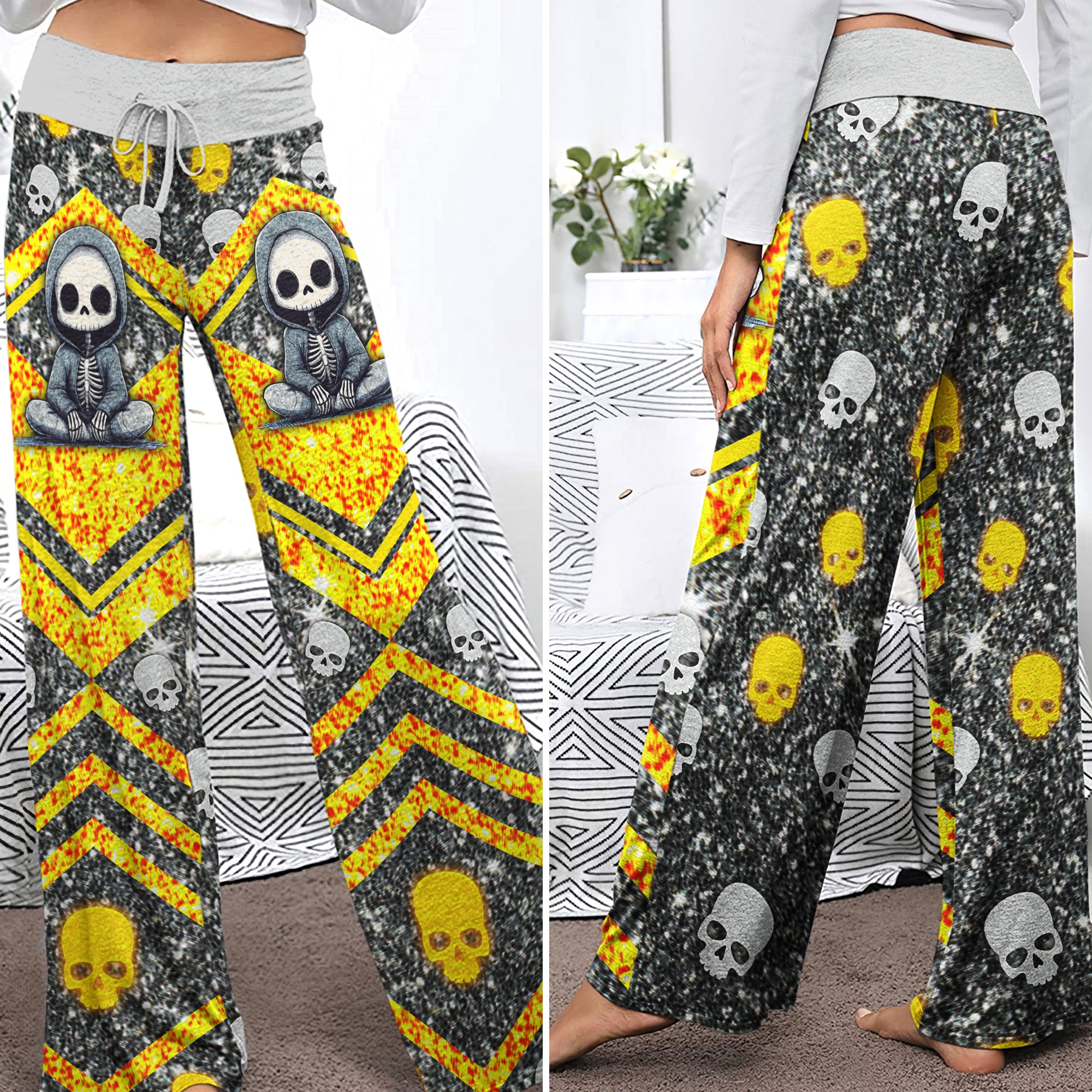 Skeleton Yellow Glitter Art Women's High-waisted Wide Leg Pants