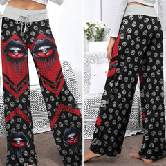 Black Red Skull Lip Women's High-waisted Wide Leg Pants