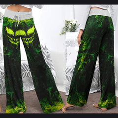 Green Abstract Scary Face Women's High-waisted Wide Leg Pants | Wonder Skull