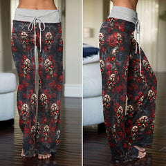 Skull Rose Gothic Pattern Women's High-waisted Wide Leg Pants