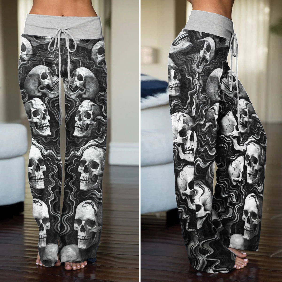 Skull Flow Pattern Women's High-waisted Wide Leg Pants