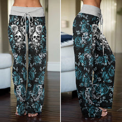 Cyan Skull Rose Floral Women's High-waisted Wide Leg Pants