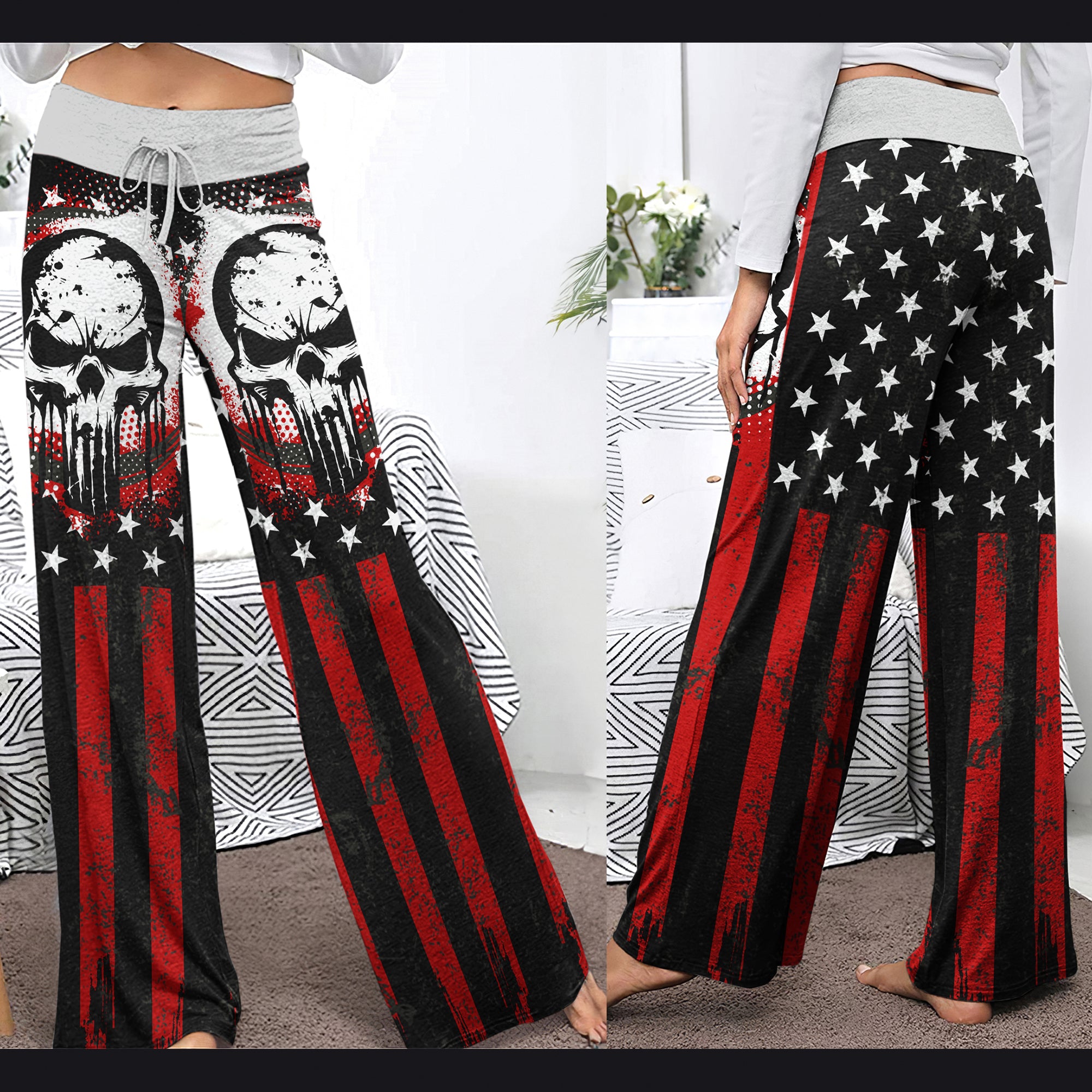 Red Flag Skull Art Women's High-waisted Wide Leg Pants | Wonder Skull
