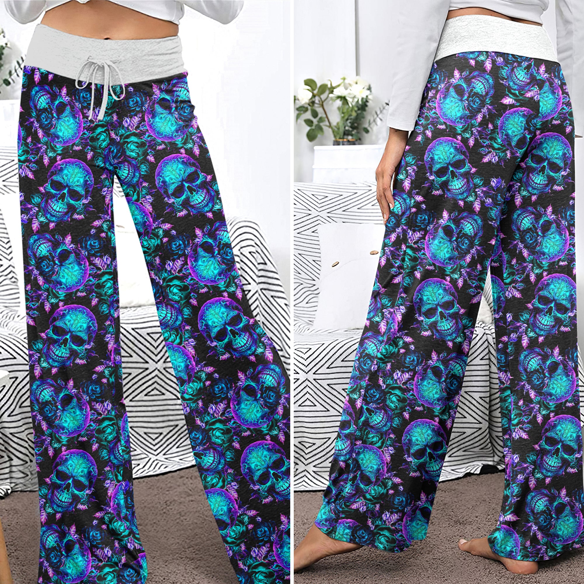 Midnight Royal Skull Rose Women's High-waisted Wide Leg Pants