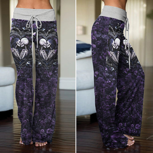 Purple Couple Skeleton Art Women's High-waisted Wide Leg Pants