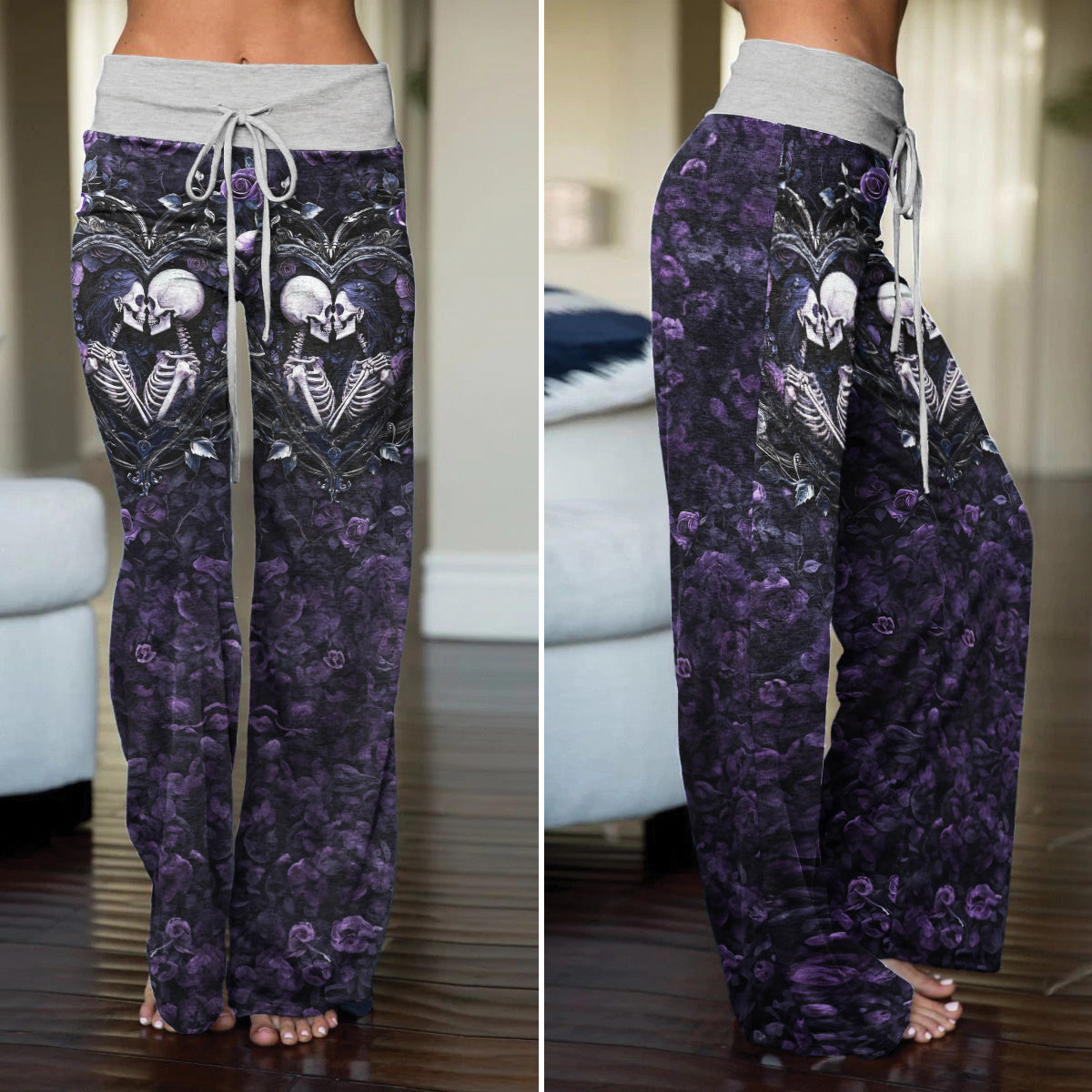 Purple Couple Skeleton Art Women's High-waisted Wide Leg Pants