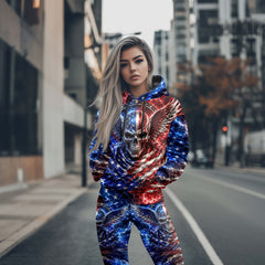 Women Hoodie and Leggings, Patriot Skull Lightning Art Outwear Pants Outfit