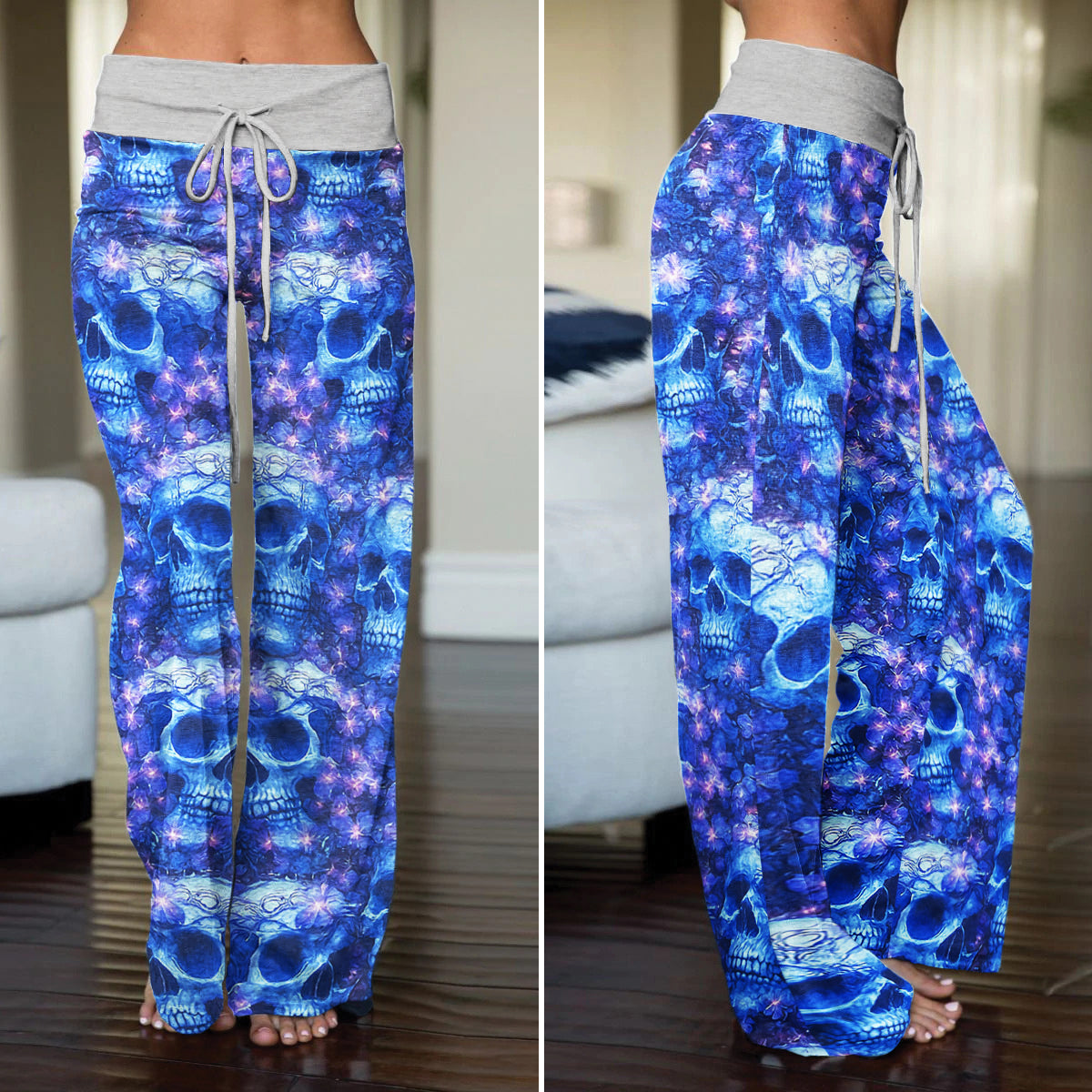 Blue Skull Orchid Pattern Women's High-waisted Wide Leg Pants