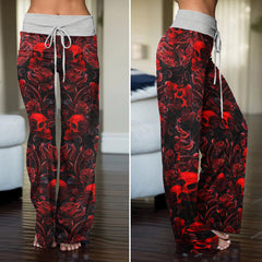 Red Skull & Rose Tapestry Women's High-waisted Wide Leg Pants