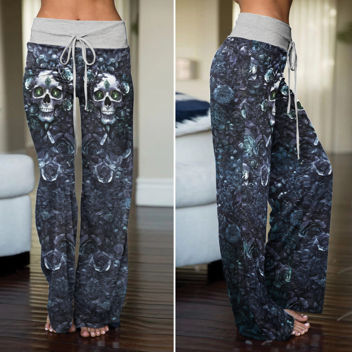 Dark Skull Rose Art Women's High-waisted Wide Leg Pants