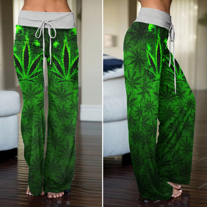 Green Leaf Skull Women's High-waisted Wide Leg Pants