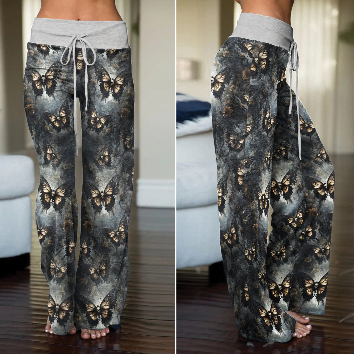 Tan Buterfly Skull Art Women's High-waisted Wide Leg Pants