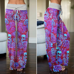 Purple Neon Skull Rose Women's High-waisted Wide Leg Pants