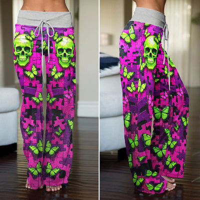 Neon Enigma Skull Butterfly Women's High-waisted Wide Leg Pants
