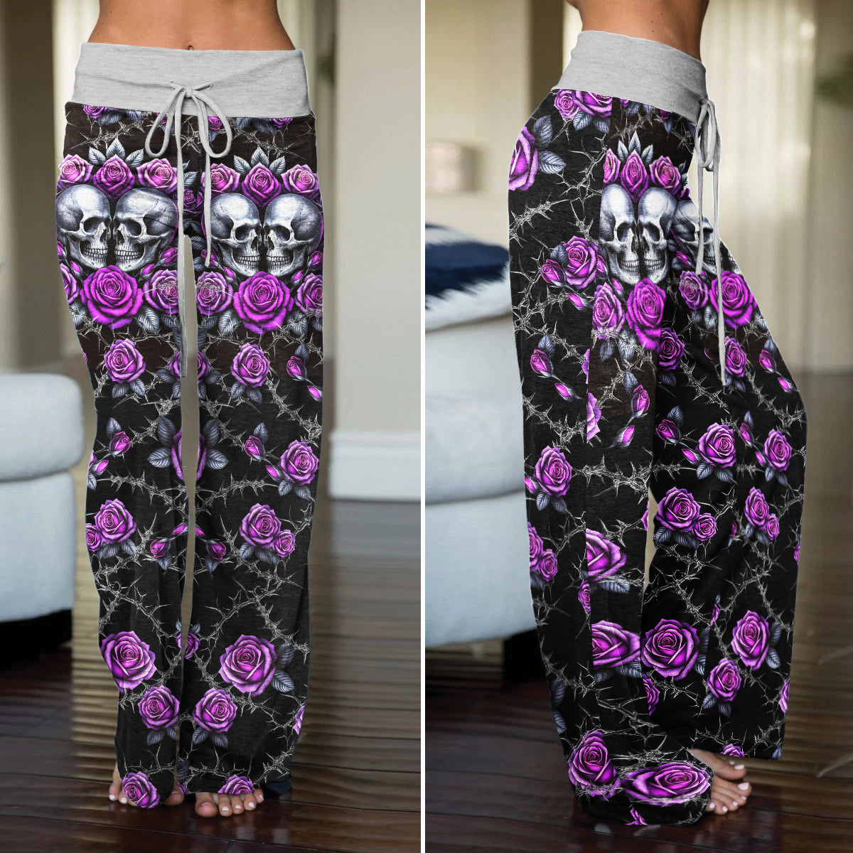 Purple Couple Skull Rose Women's High-waisted Wide Leg Pants