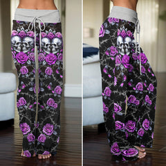 Purple Couple Skull Rose Women's High-waisted Wide Leg Pants