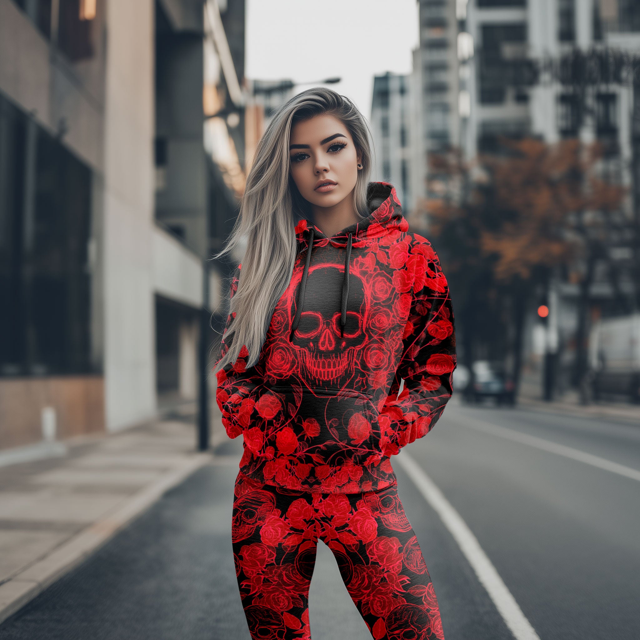 Women Hoodie and Leggings, Rose Eye Skull Pattern Outwear Pants Outfit