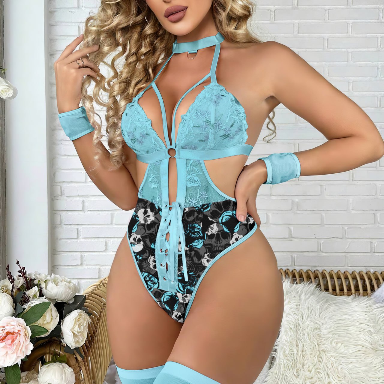 Baby Blue Skull Floral Embroidery Mesh Lace Up Front Teddy Bodysuit